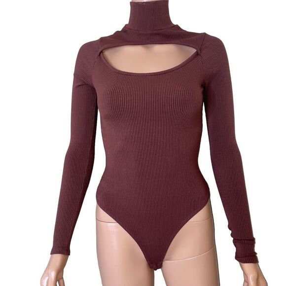 LA LUX dark brown ribbed keyhole chest body suit crotch snap long sleeve SZ SM - Picture 3 of 9